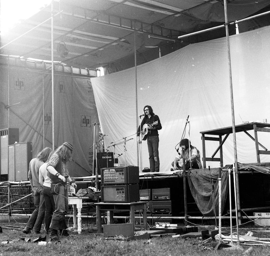 IA on stage at the first Glastonbury, 1970, with Ian "Heavy Drummer" Turner. (Jo Gedrych)