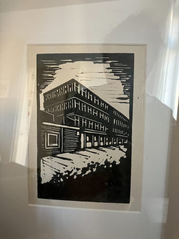a framed lino print of the building where I do most of my work - ‘Vault Artist Studios’,